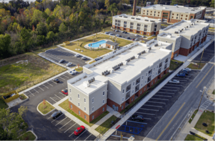 Aerial view of Remerton Mill Apartments and pool