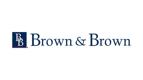 Two overlapping white Bs in a dark square next to the company name in bold dark type on a white background. Brown & Brown provides insurance and risk management solutions for real estate investors.